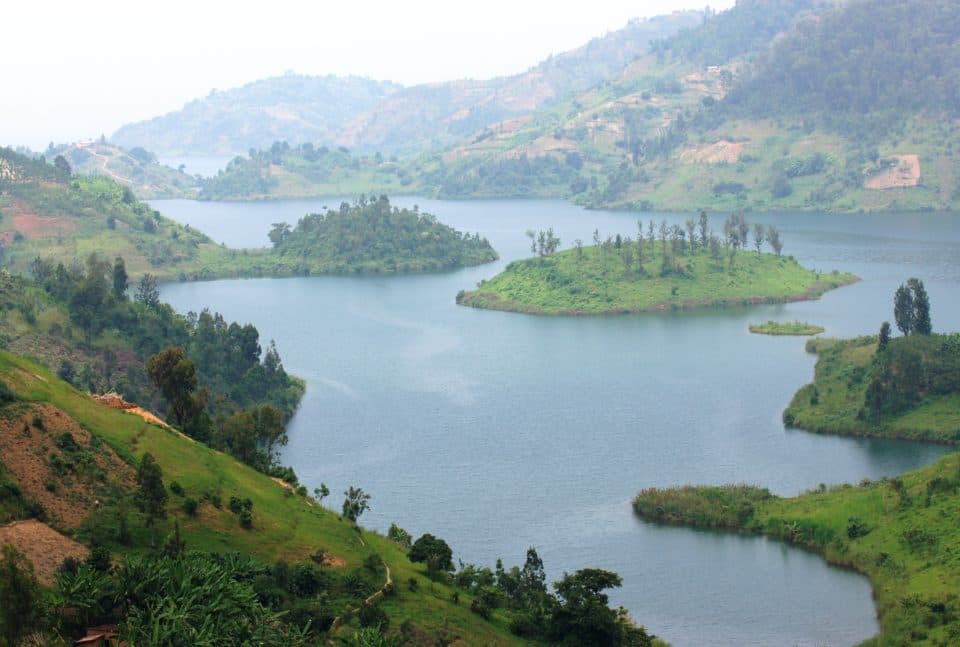 Lake Kivu shoreline with Congo mountains Rwanda