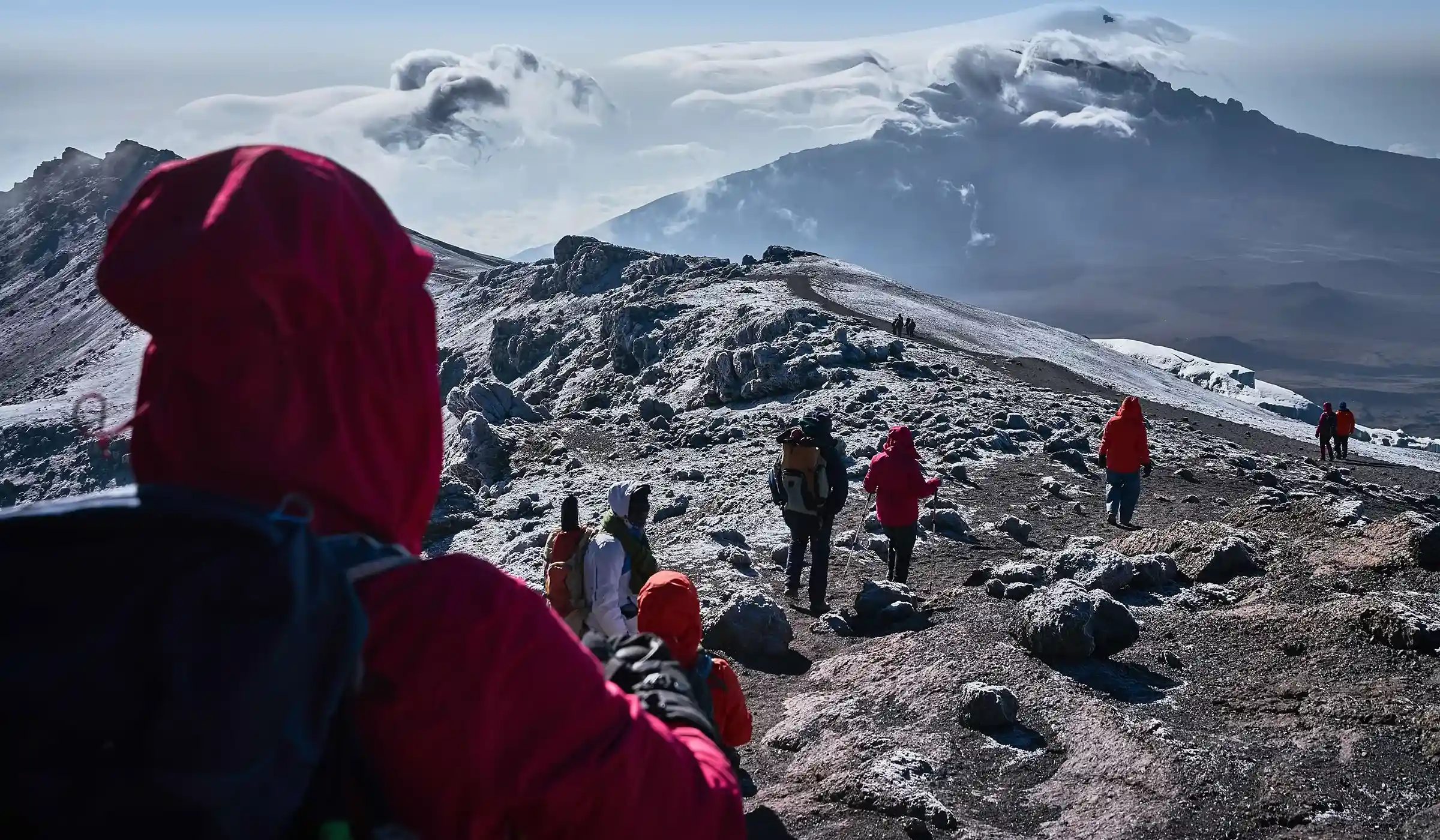 Climbers on Mount Kilimanjaro slopes alpine zone
